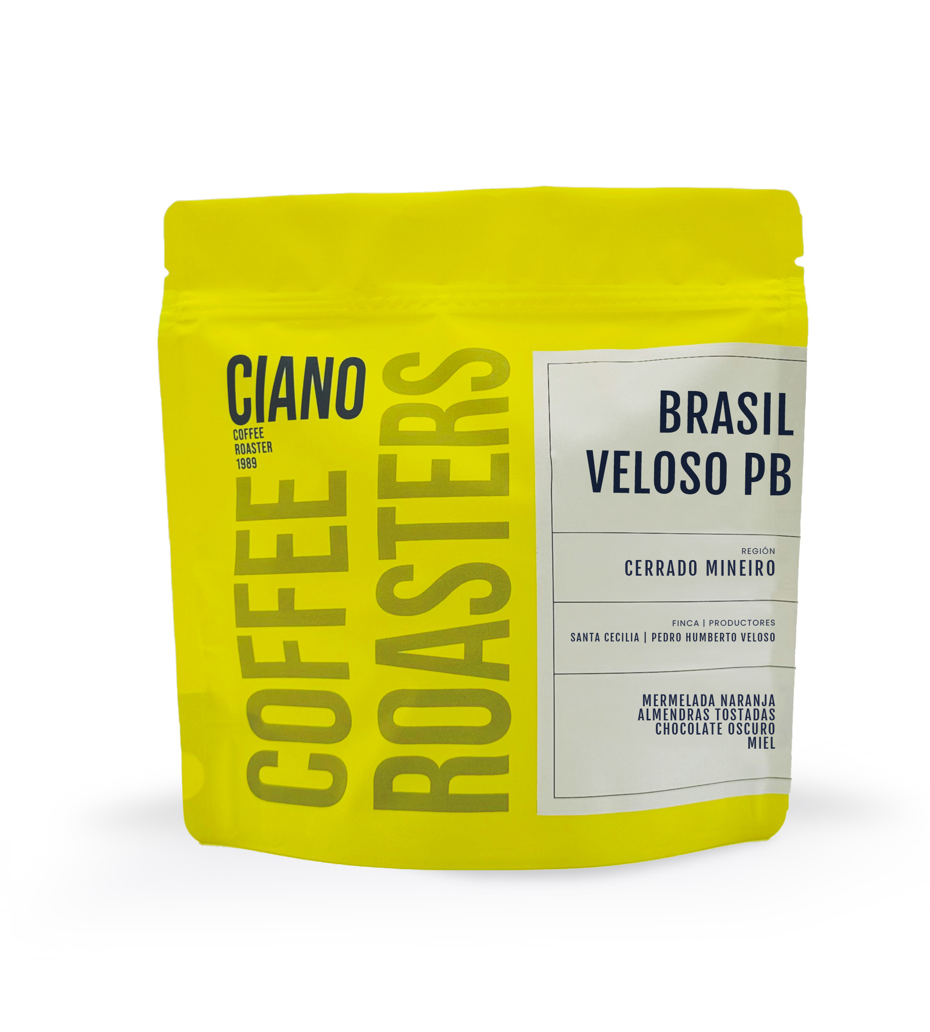 Bolsa amarilla de café Brasil Veloso PB, peaberry brasileño con cuerpo medio y notas achocolatadas