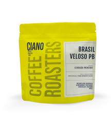 Bolsa amarilla de café Brasil Veloso PB, peaberry brasileño con cuerpo medio y notas achocolatadas