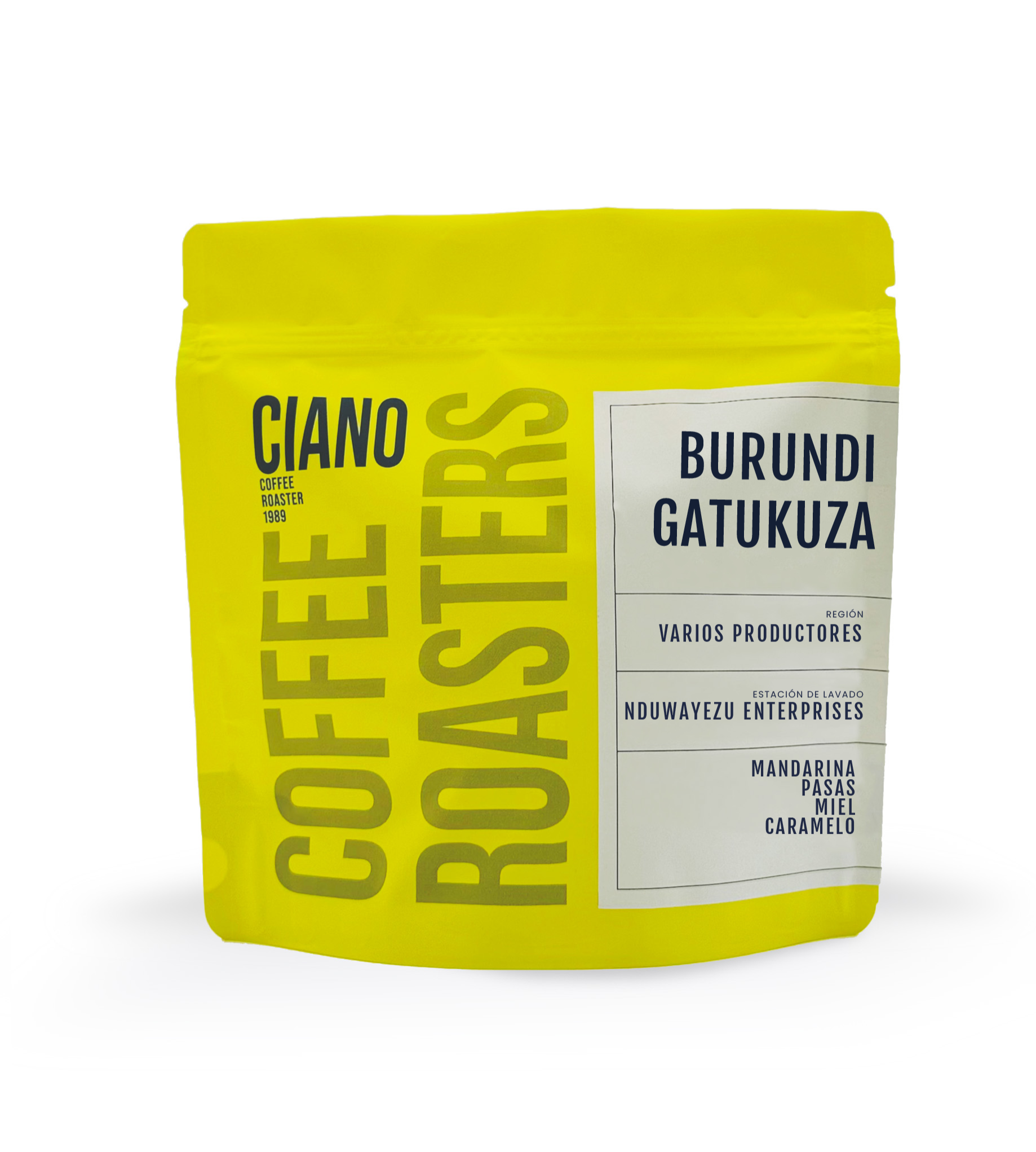 Bolsa de café Burundi Gatukuza en color amarillo, representando un café africano de alta altitud con notas brillantes y acidez compleja.