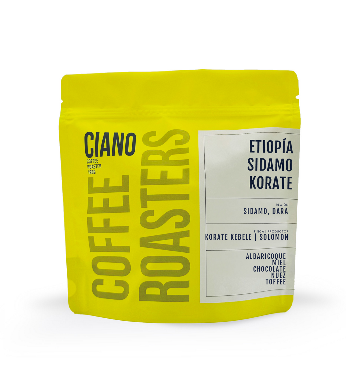 Bolsa de café Etiopía Sidamo Korate de color amarillo, evocando su origen legendario y perfil floral con toques cítricos.