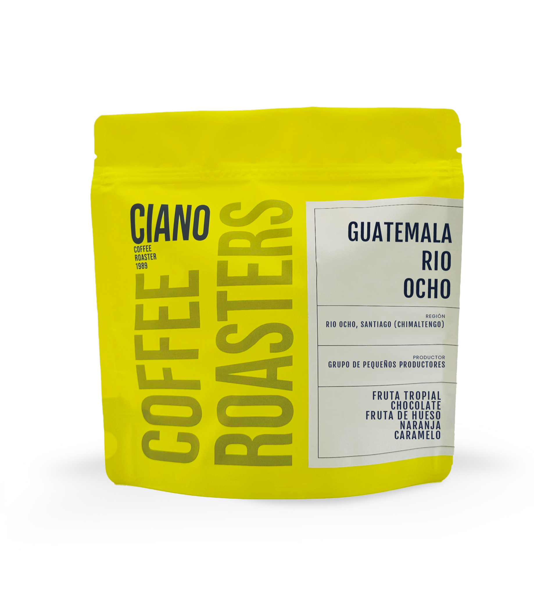 Bolsa de café Guatemala Río Ocho, color amarillo, reflejando su origen volcánico y perfil de sabor balanceado con notas de cacao y fruta madura.