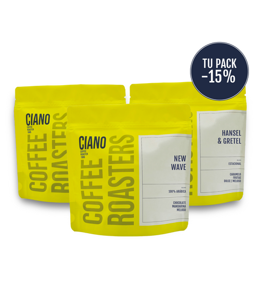 Pack de cafés de especialidad con 15% de descuento, incluye Blend New Wave, Blend Hansel & Gretel y Blend La Padrina de Ciano Coffee