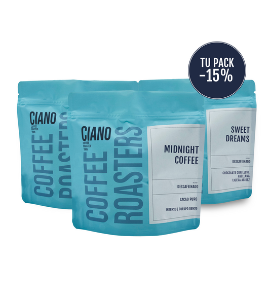 Pack de cafés descafeinados con 15% de descuento, incluye Blend Midnight Coffee (DECAF) y dos unidades de Blend Sweet Dreams (DECAF) de Ciano Coffee