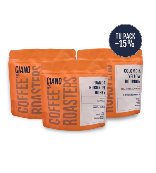 Pack de cafés exóticos de especialidad con 15% de descuento, incluye Ruanda Ubukire Honey, Colombia Bourbon Naranja y Colombia Bourbon Rosado de Ciano Coffee