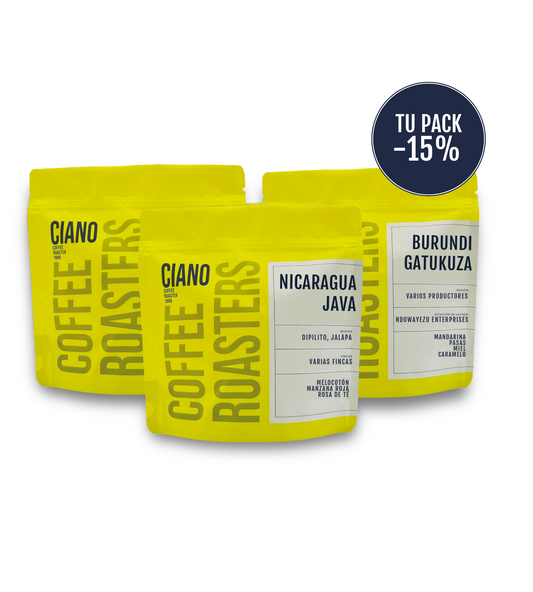 Pack de cafés de especialidad con 15% de descuento, incluye variedades seleccionadas de Ciano Coffee para disfrutar en casa o regalar