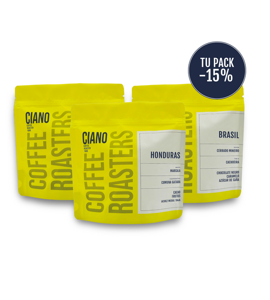 Pack de cafés de origen único con 15% de descuento, incluye Brasil Cerrado Mineiro, Perú Cajamarca y Honduras Marcala de Ciano Coffee