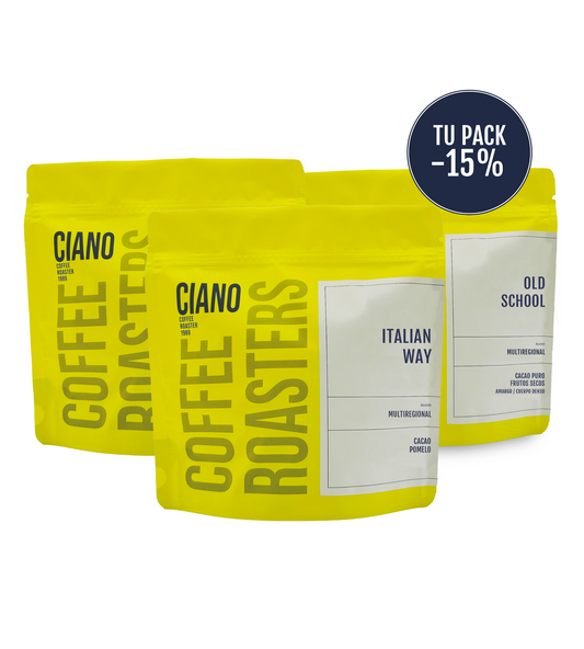 Pack de cafés de especialidad con 15% de descuento, incluye Blend Old School y dos unidades de Blend Italian Way de Ciano Coffee