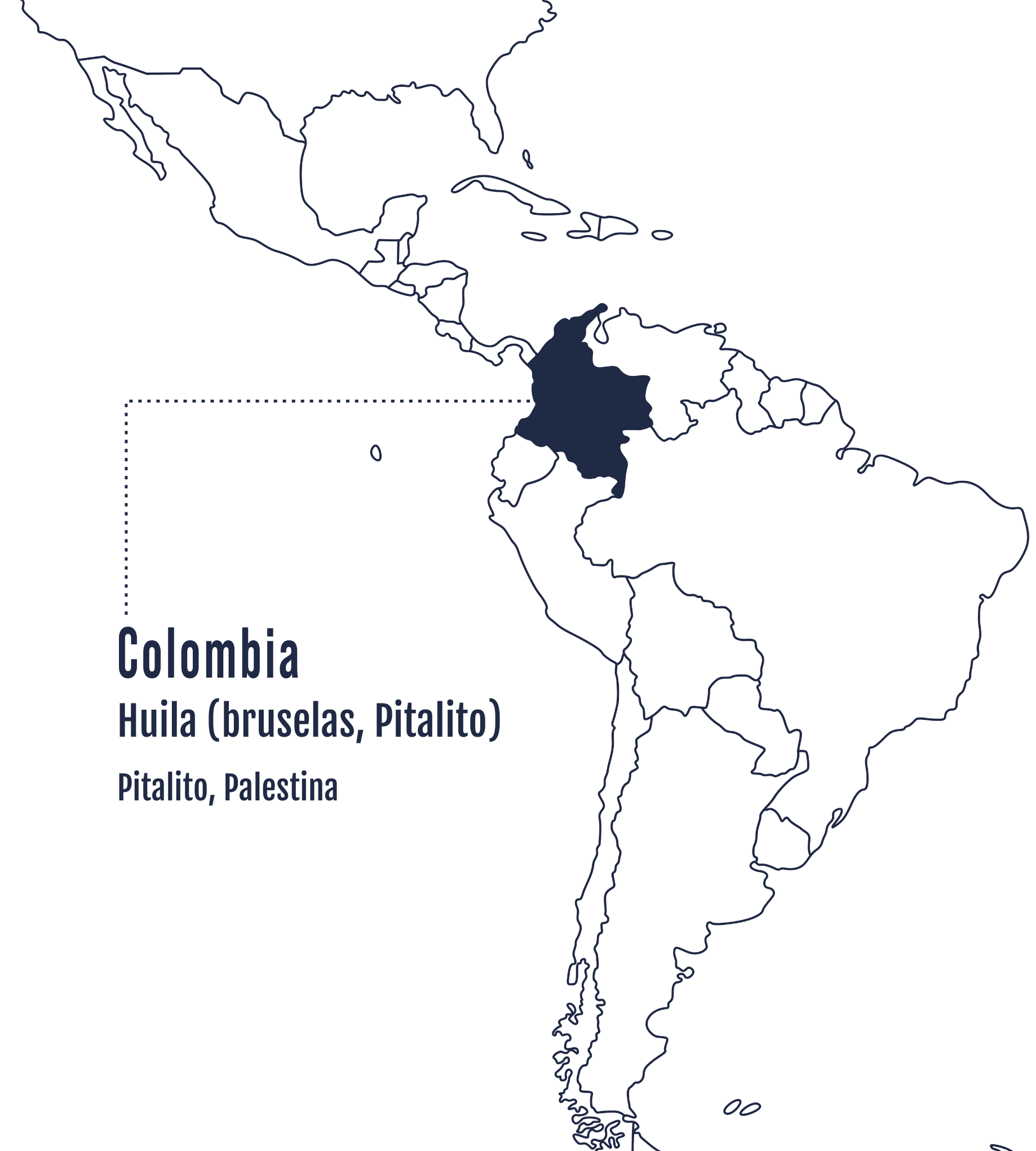 En el mapa se destaca en azul la zona de Nacimiento, en Timaná, Huila (Colombia), una región que ofrece cafés con perfiles balanceados, dulces y con acidez elegante.