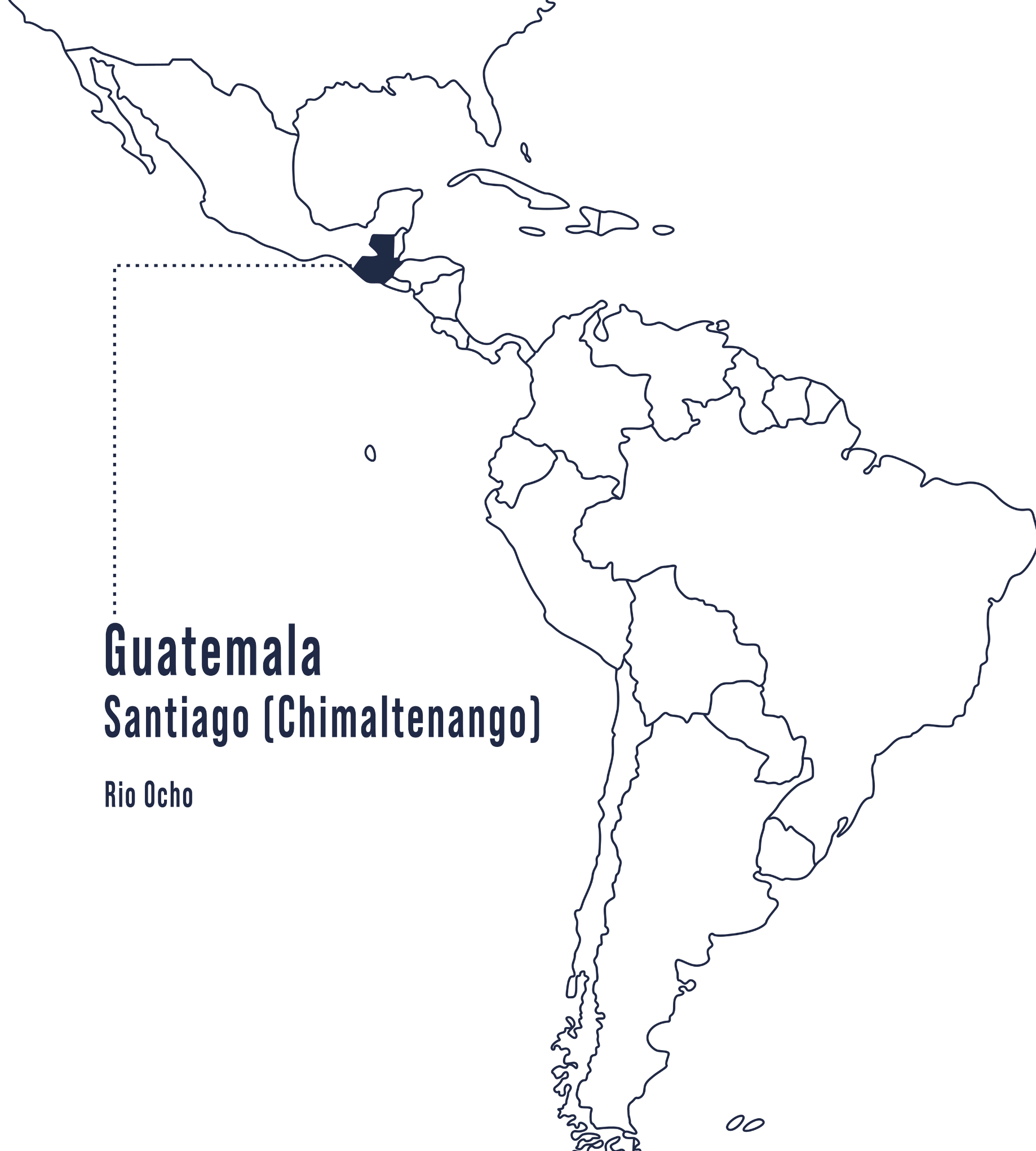 En el mapa se muestra la región de Río Ocho, Santiago en Chimaltenango, Guatemala, marcada en azul, una zona de cultivo volcánico que produce cafés balanceados con notas de cacao y frutos rojos.