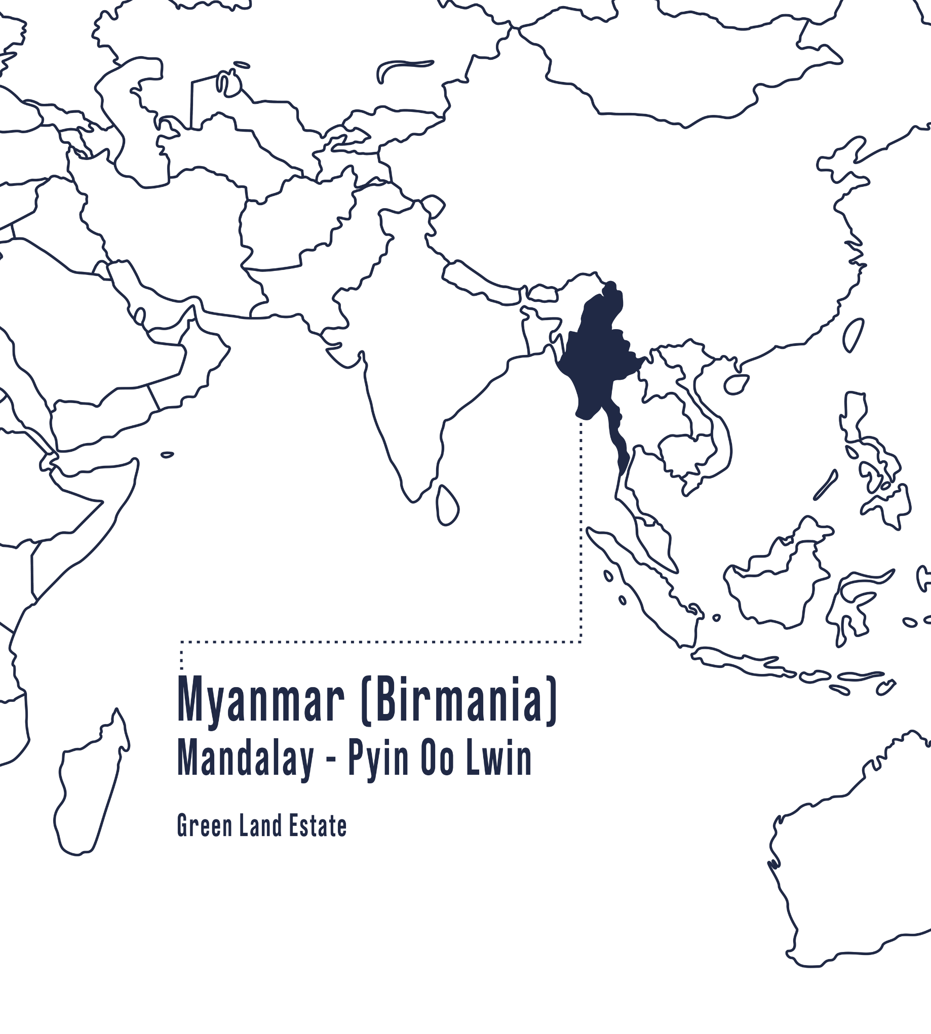 En el mapa se muestra en azul la región donde se ubica la finca Green Land en Myanmar, un origen asiático emergente que destaca por sus cafés florales, dulces y de perfil equilibrado