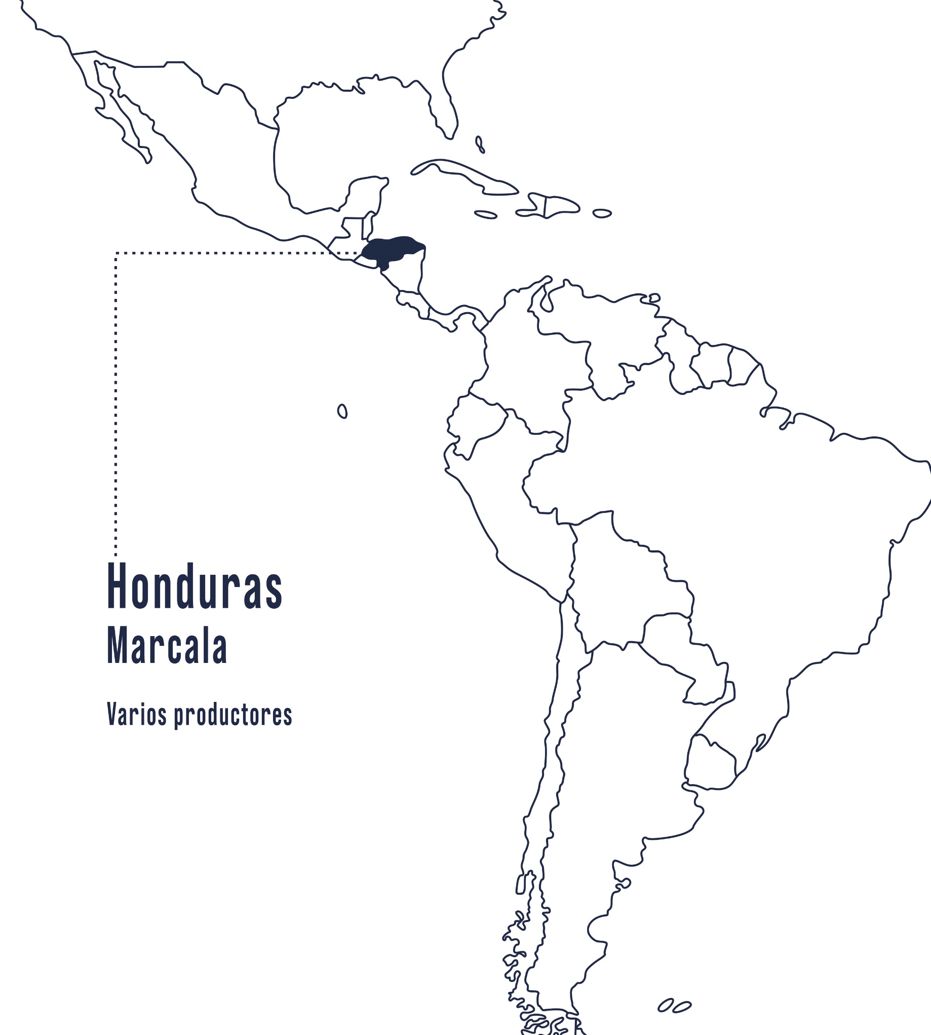 En el mapa se muestra la región cafetera de Marcala en Honduras, marcada en azul, conocida por sus cafés con notas dulces y cítricas.
