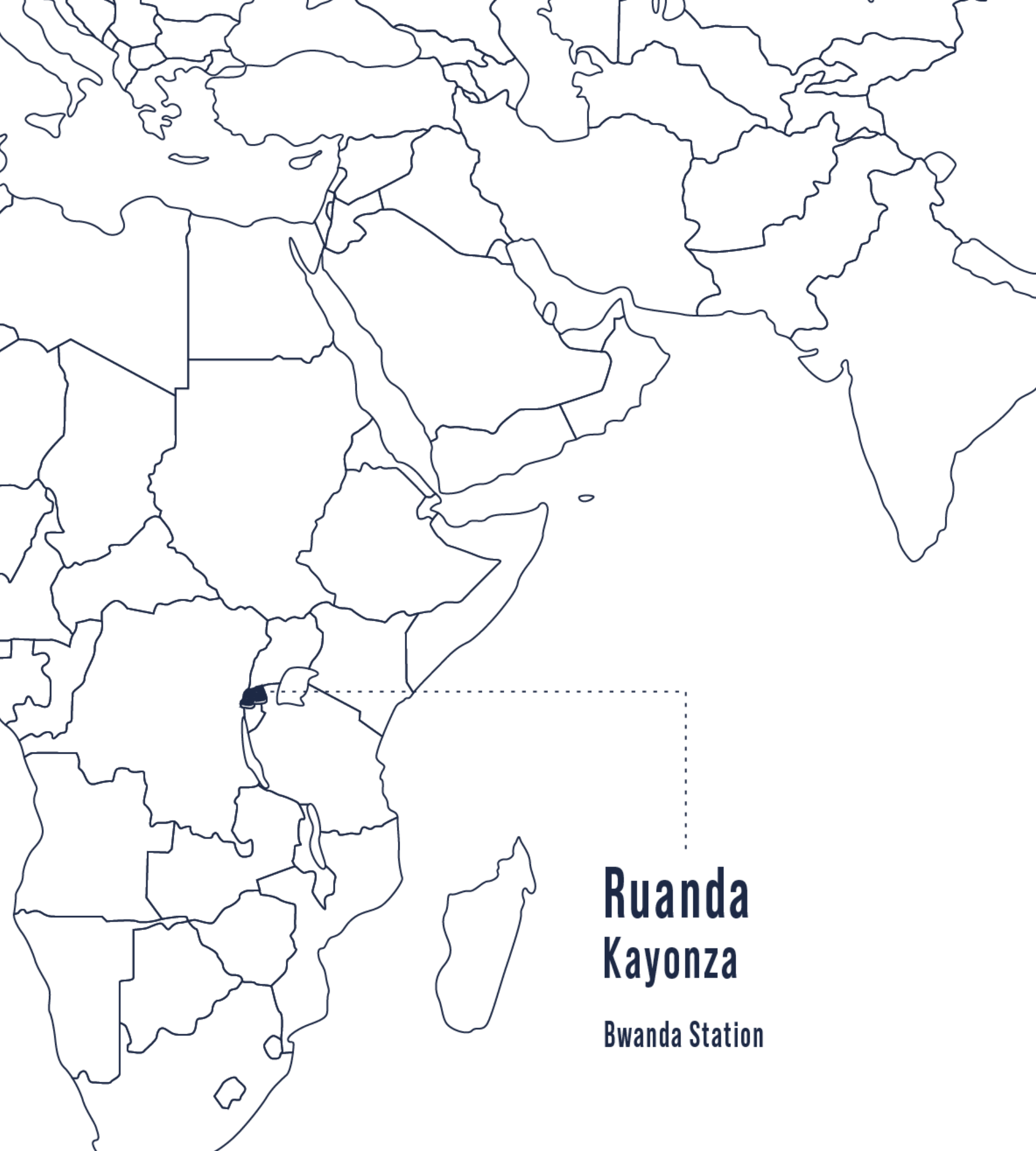 En el mapa se muestra en azul la región de Kayonza en Ruanda, un origen africano con cafés de acidez brillante y notas frutales.