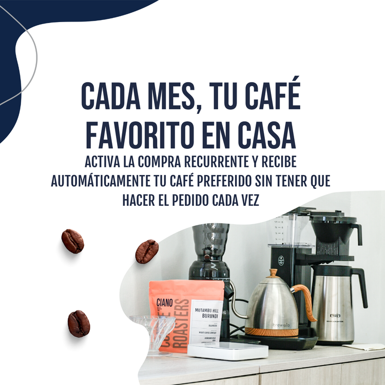 Banner en la página de inicio desktop con el mensaje 'CADA MES, TU CAFÉ FAVORITO EN CASA' promoviendo la compra recurrente automática