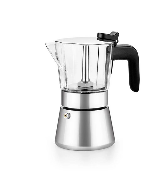 Cafetera Italiana Flavour Crystal Bra vista frontal, diseño elegante y resistente