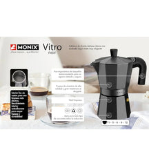 Cafetera Monix negra con información sobre características y especificaciones