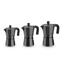 Cafetera negra disponible en varios tamaños, ideal para preparar café de calidad en casa