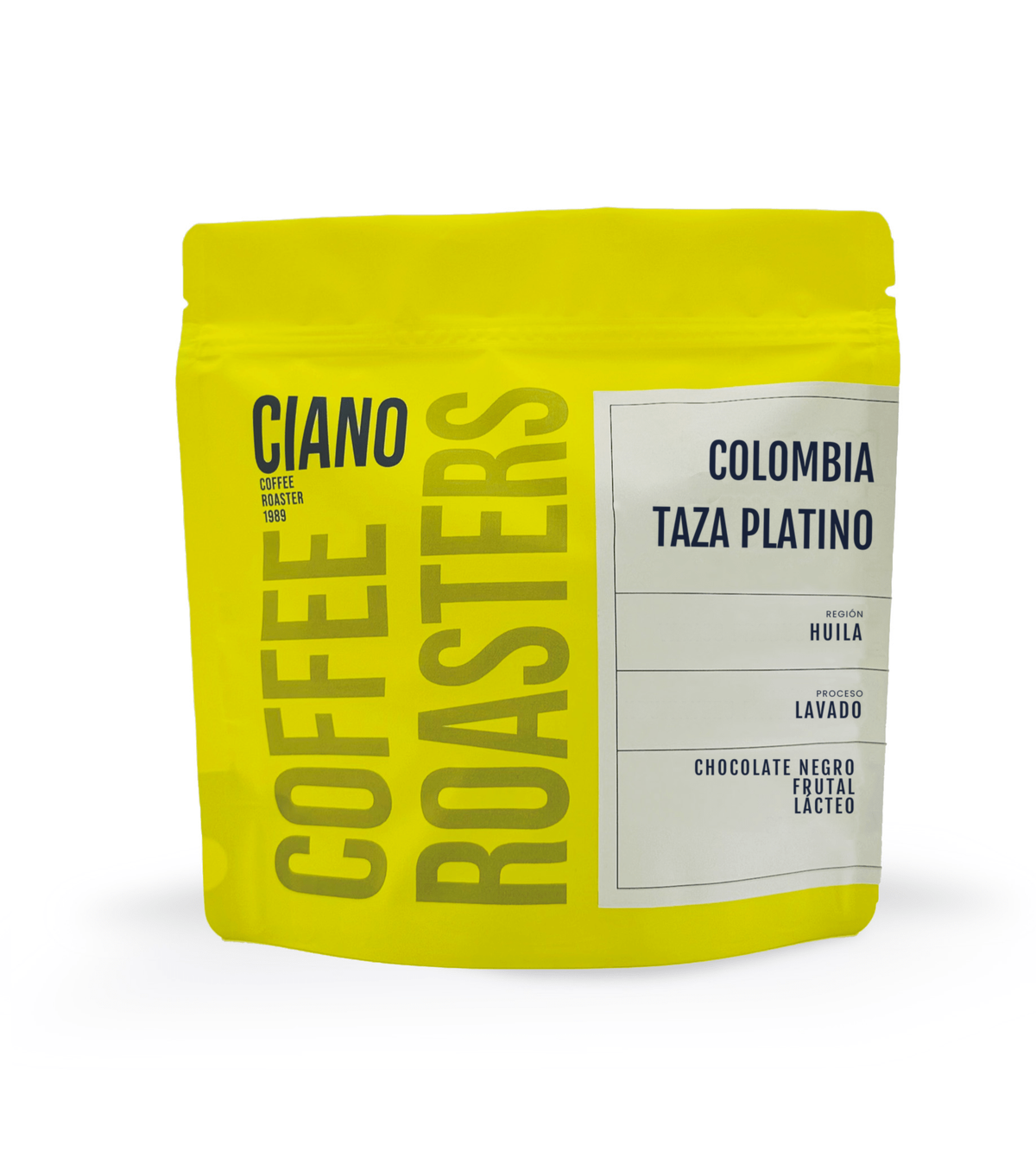 Bossa de 250 g de Ciano Coffee, Colòmbia Taza Platino, vista frontal