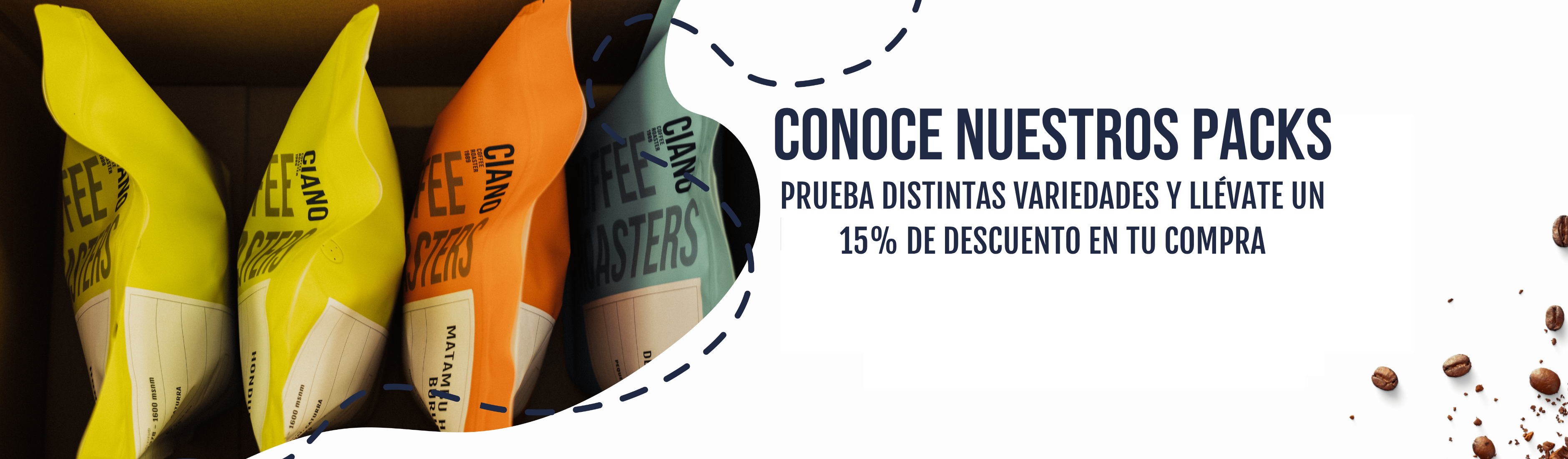 Banner desktop de packs de café de especialidad con 15% de descuento en tu compra