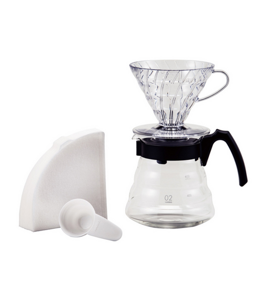 Kit completo V60 Hario, incluye dripper, jarra Range Server y filtros para preparar café filtrado en casa