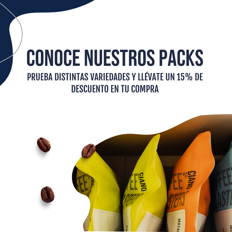 Banner móvil de packs de café de especialidad con 15% de descuento en tu compra