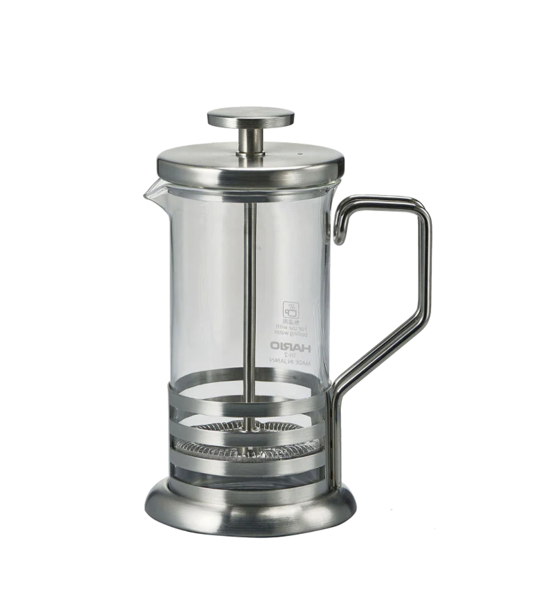 Alt text:
Prensa Francesa 600ml Hario, vista lateral del diseño y estructura del producto