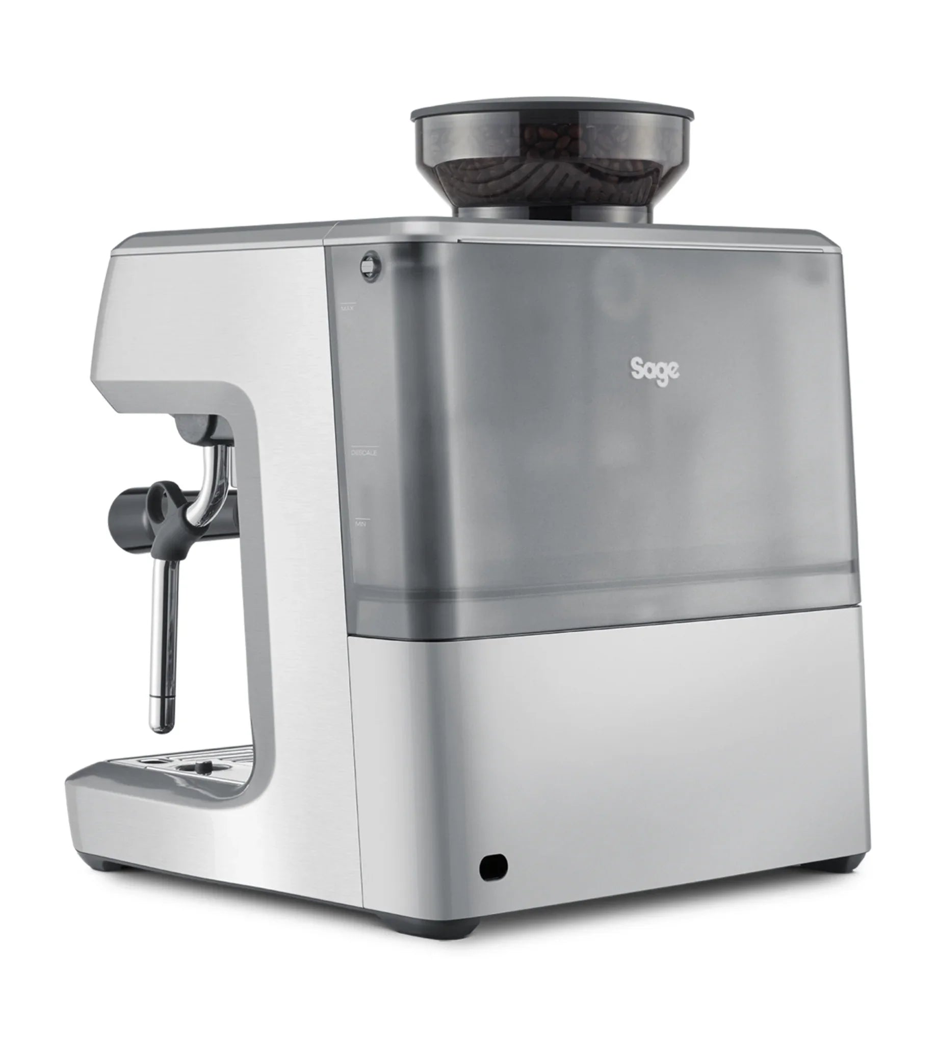 Vista trasera de la cafetera Sage Barista Express mostrando conexiones y diseño