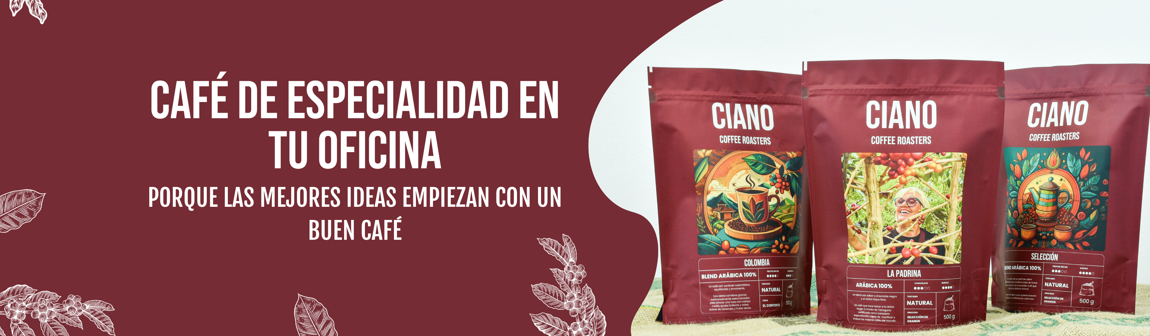 Banner en versión desktop promocionando el servicio de café para oficinas de Ciano Coffee, con entrega y calidad garantizada