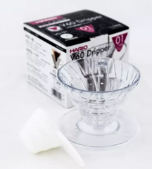 Caja del V60 Dripper Hario, con el producto y accesorios listos para envío