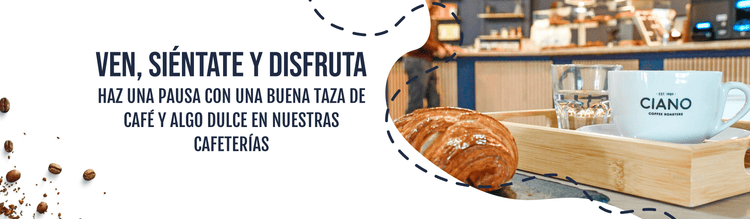 Mensaje 'Ven, siéntate y disfruta' acompañado de una escena acogedora con café, invitando a relajarse y disfrutar del momento